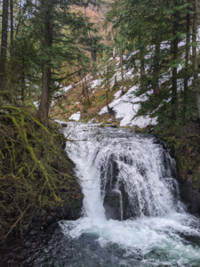 Upper waterfall at Multnomah Falls surrounded by Dark green trees