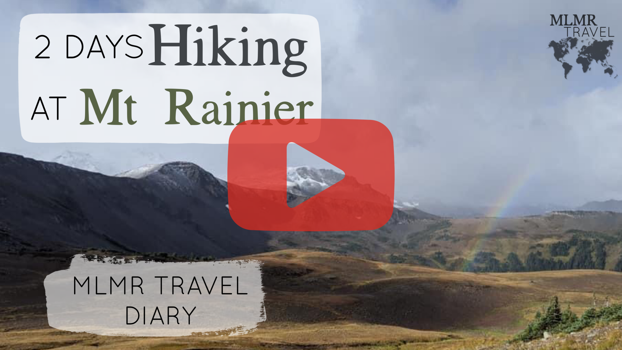 Rainbow by a rocky mountain with text - 2 Days Hiking At Mt Rainier